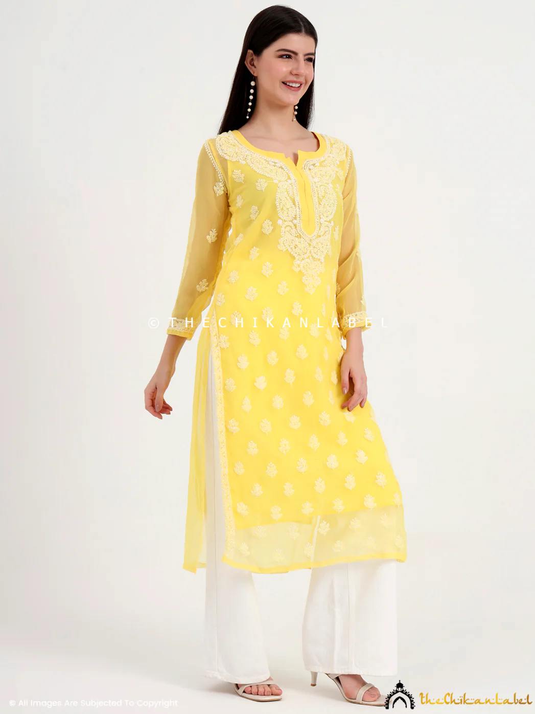Mahak Georgette Chikankari Straight Kurti with Inner - Yellow - Image 5