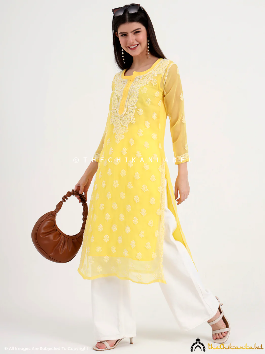 Mahak Georgette Chikankari Straight Kurti with Inner - Yellow - Image 6