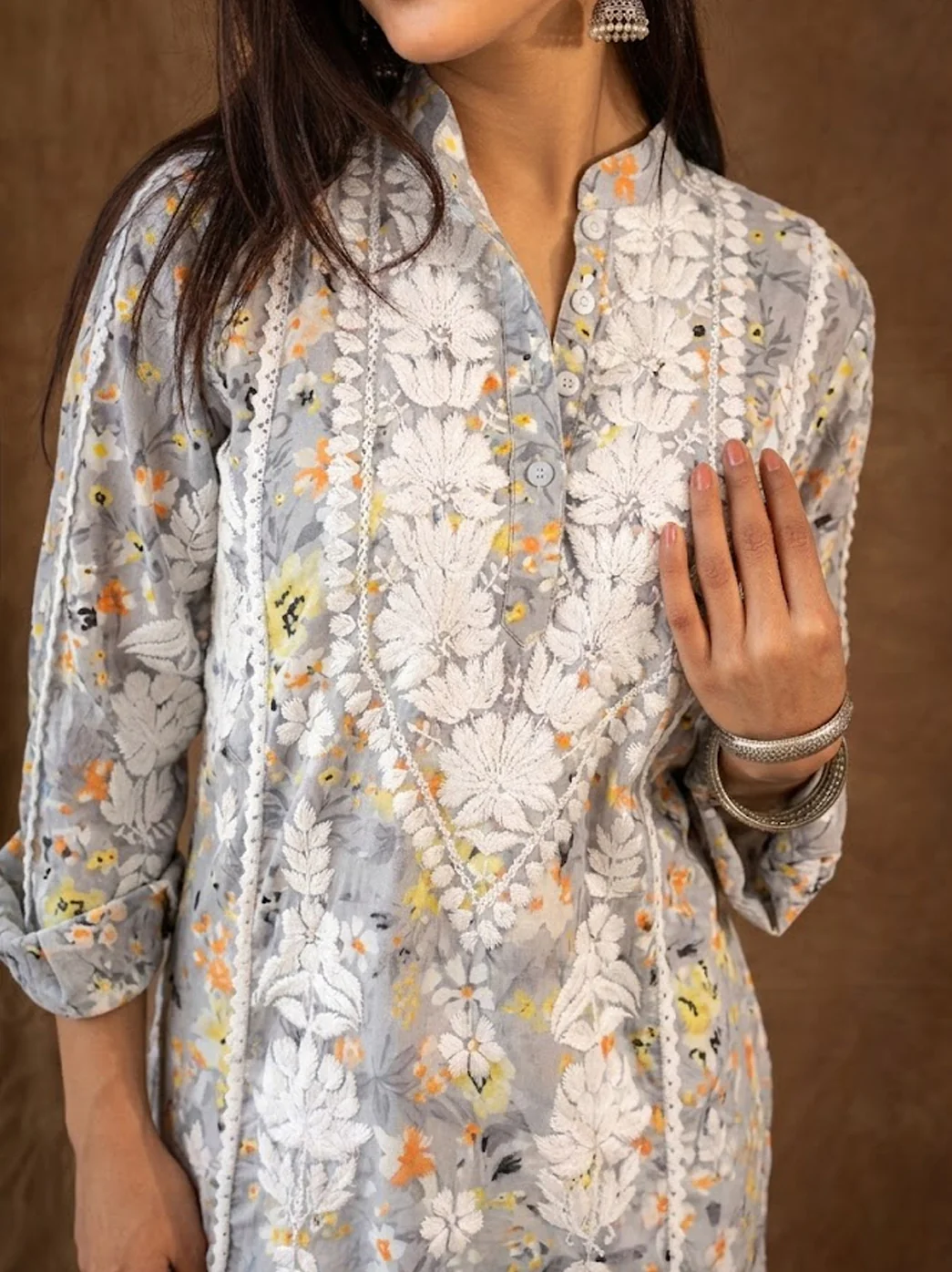 Yellow Mulmul Chikankari Farshi Salwar Set - Image 2