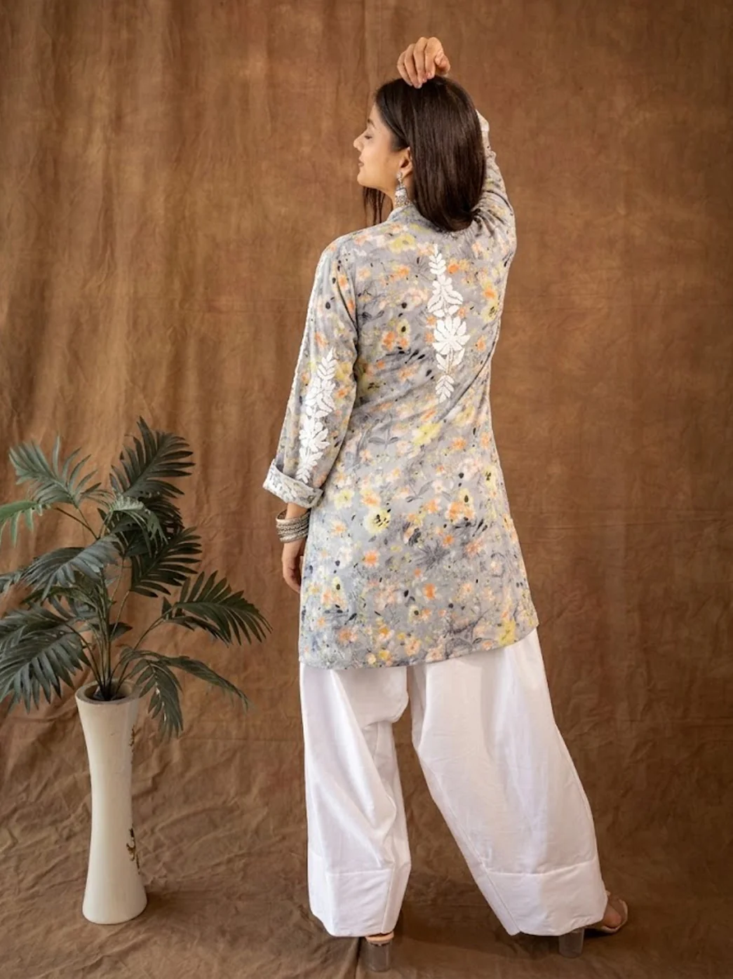 Yellow Mulmul Chikankari Farshi Salwar Set - Image 3