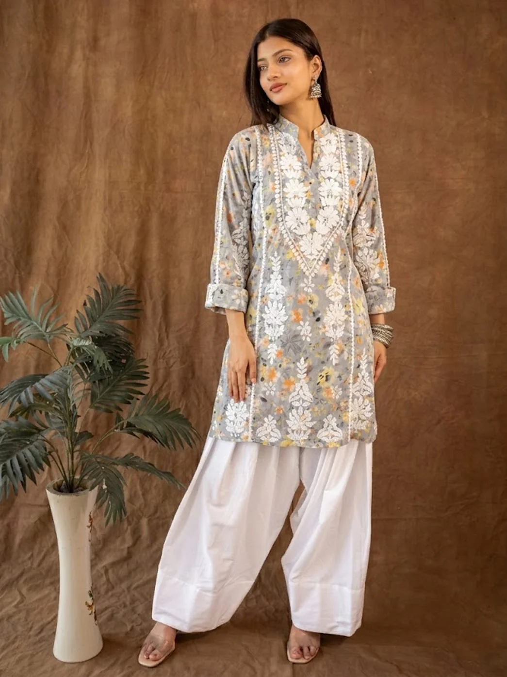 Yellow Mulmul Chikankari Farshi Salwar Set - Image 4