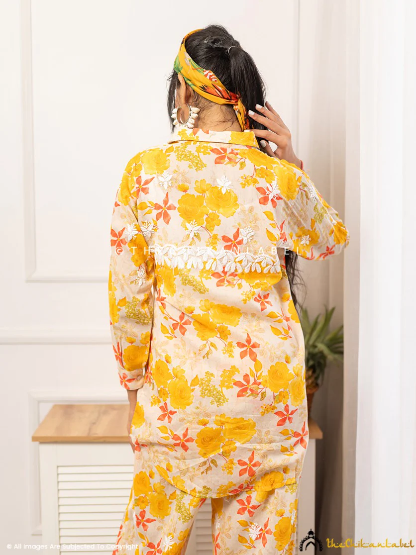 Nadira Mulmul Cotton Chikankari Co-ord Set - Yellow - Image 3
