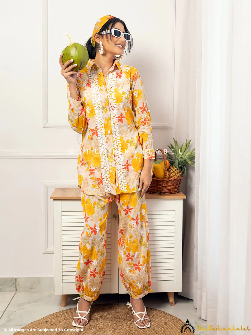 Nadira Mulmul Cotton Chikankari Co-ord Set - Yellow - Image 4