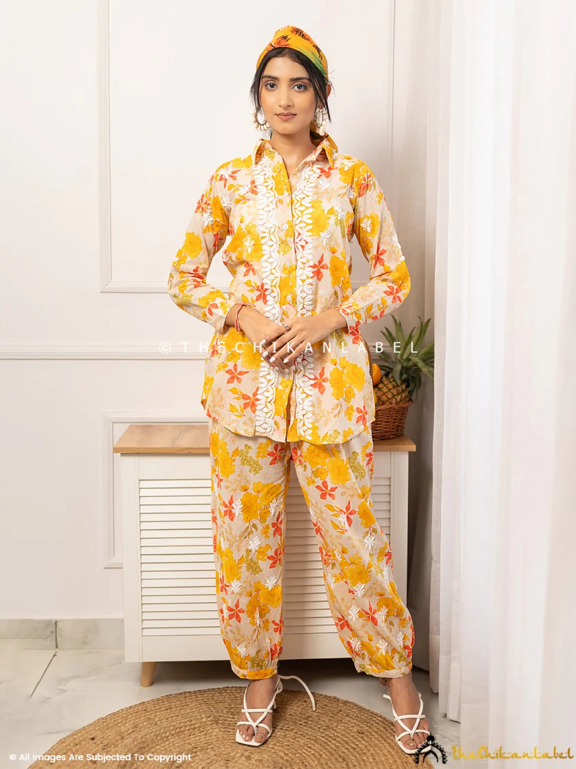 Nadira Mulmul Cotton Chikankari Co-ord Set - Yellow - Image 5