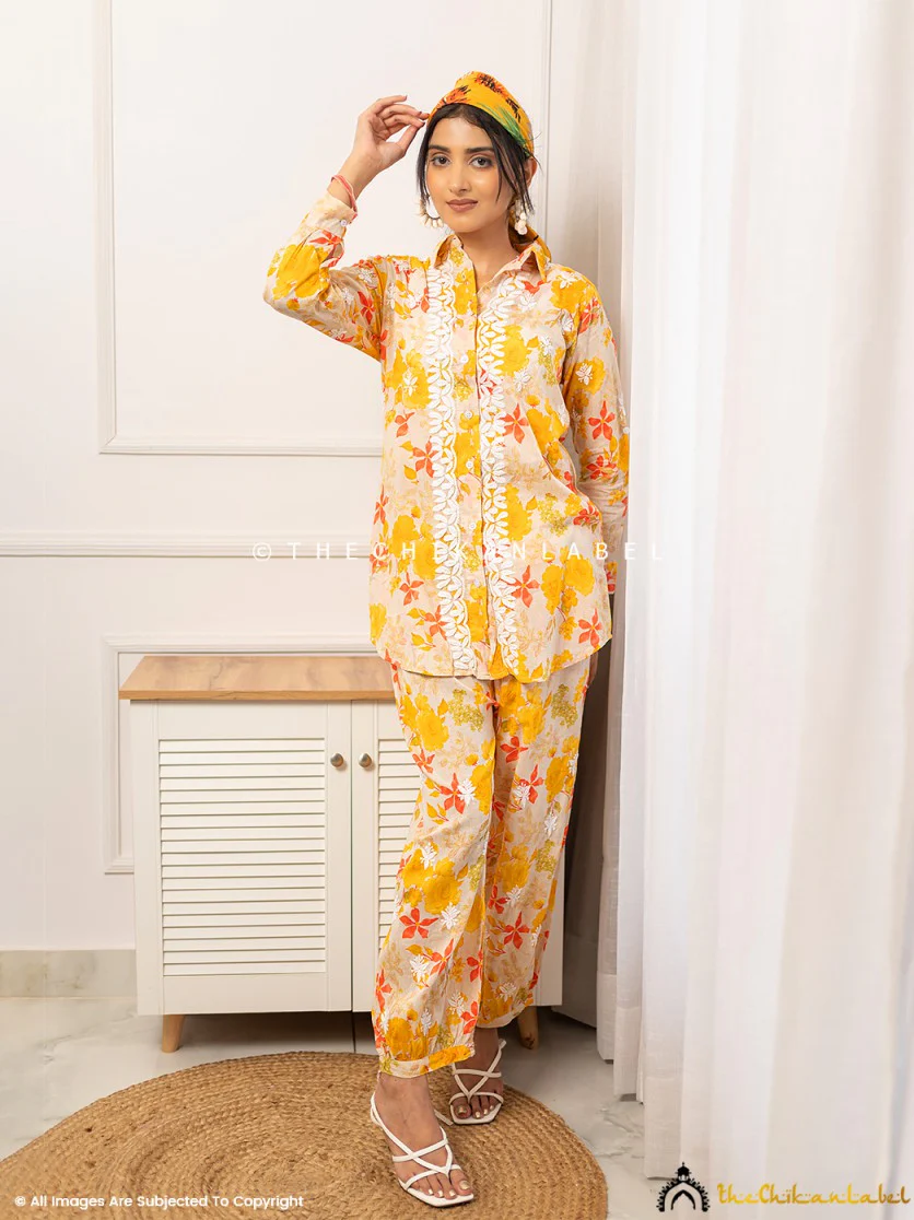 Nadira Mulmul Cotton Chikankari Co-ord Set - Yellow - Image 6