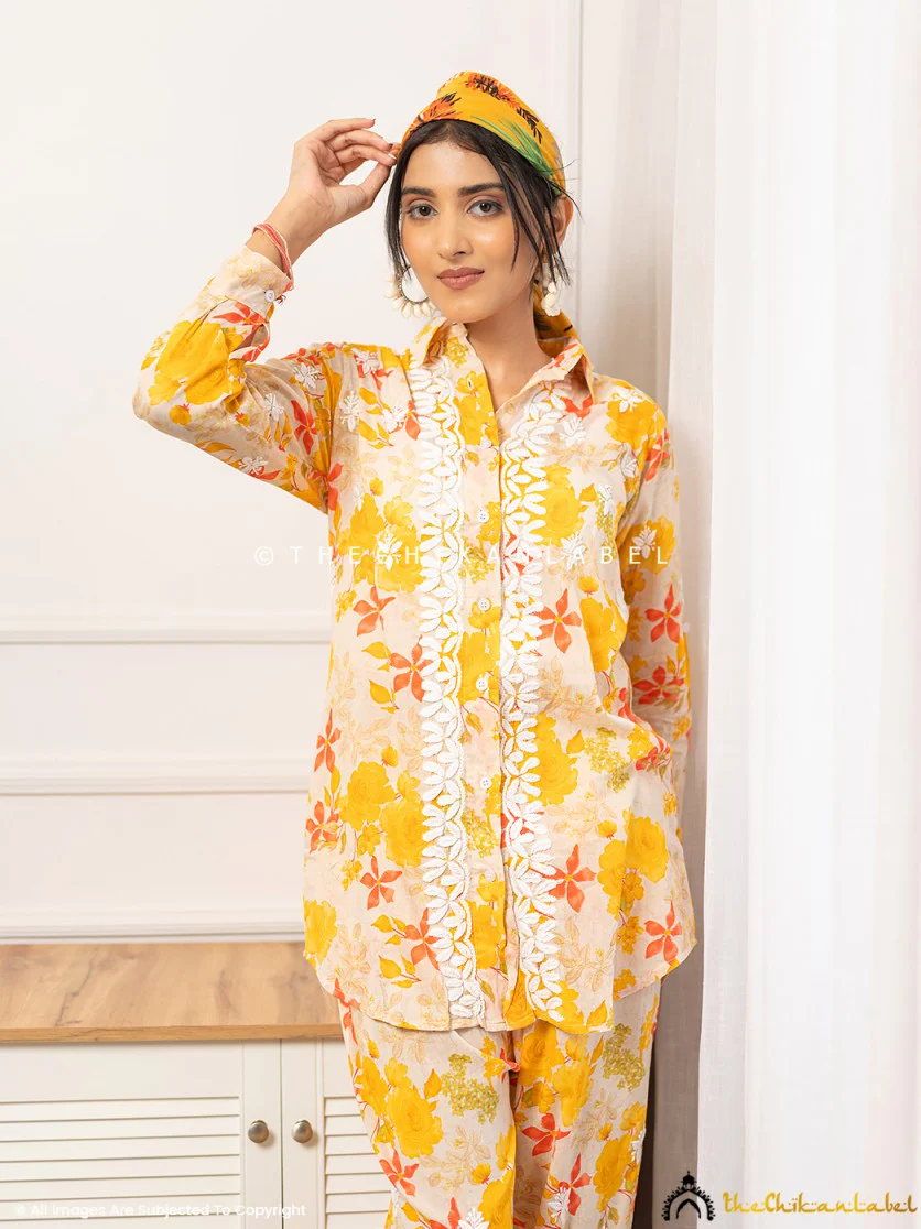 Nadira Mulmul Cotton Chikankari Co-ord Set - Yellow - Image 7