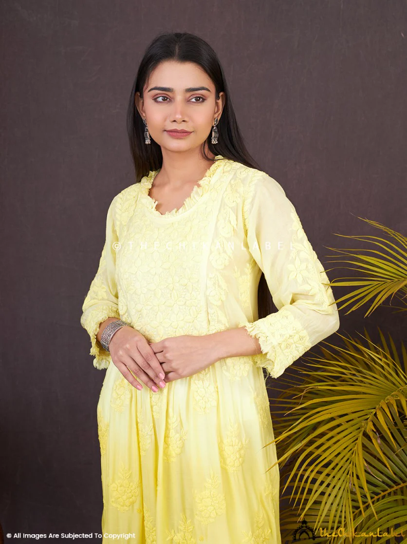 Yellow Noori Muslin Chikankari Anarkali - Image 2