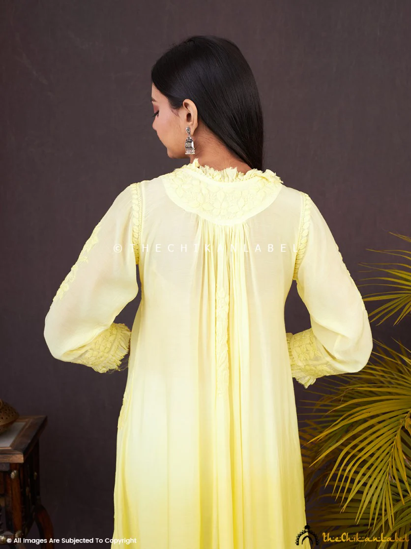 Yellow Noori Muslin Chikankari Anarkali - Image 3