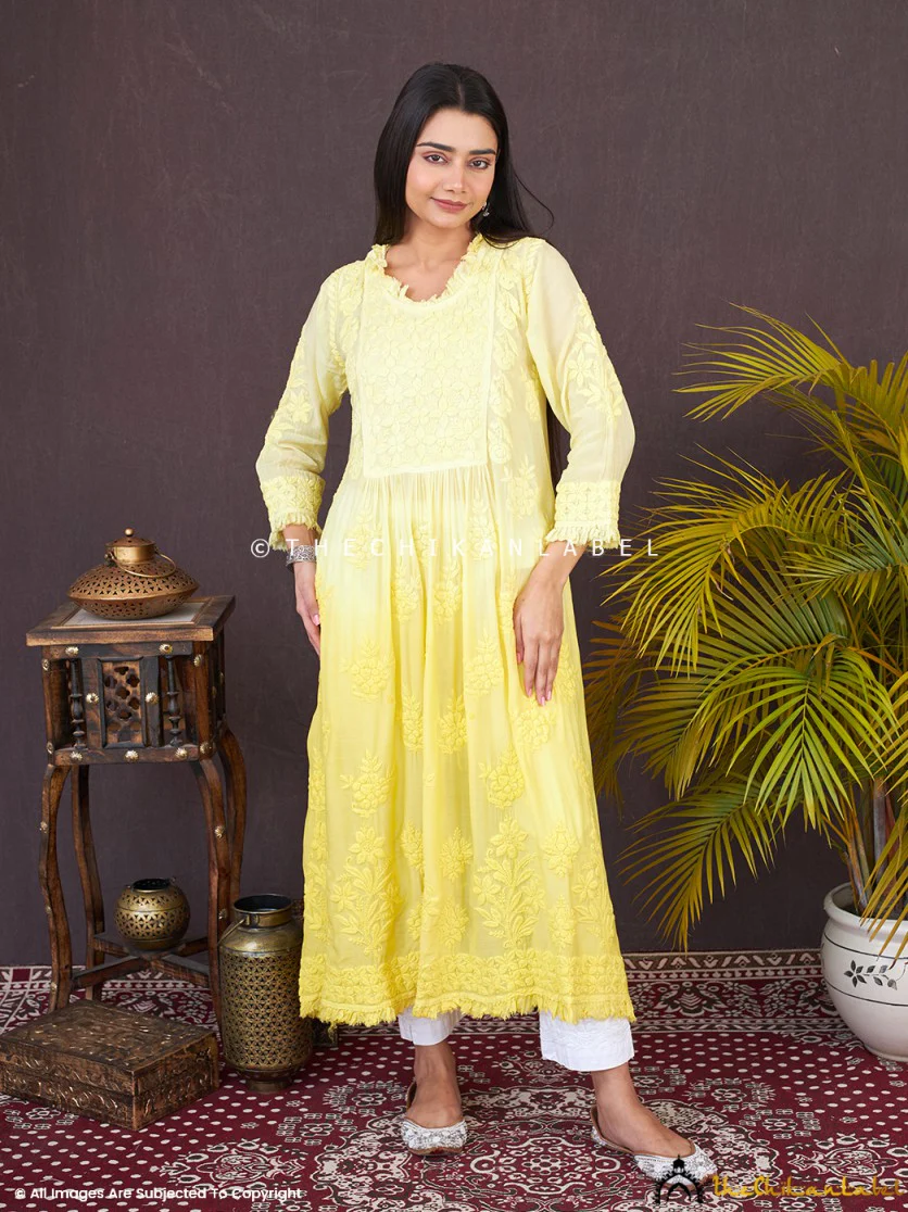 Yellow Noori Muslin Chikankari Anarkali - Image 4