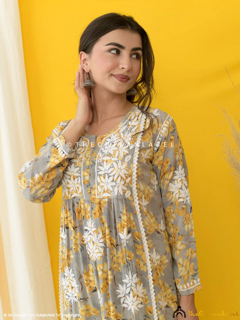 Nyra Modal Chikankari Kurta Set - Yellow - Image 2