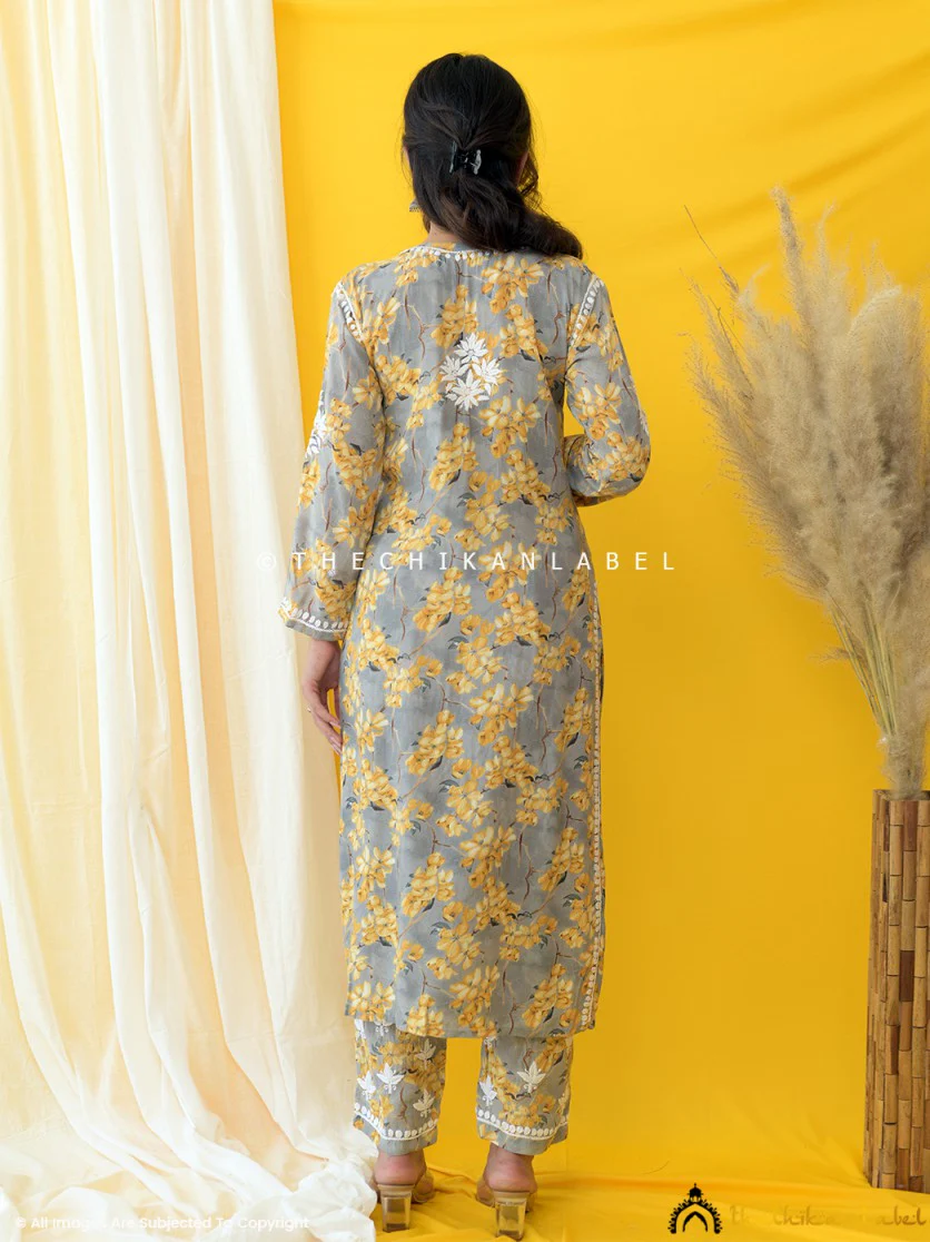 Nyra Modal Chikankari Kurta Set - Yellow - Image 3