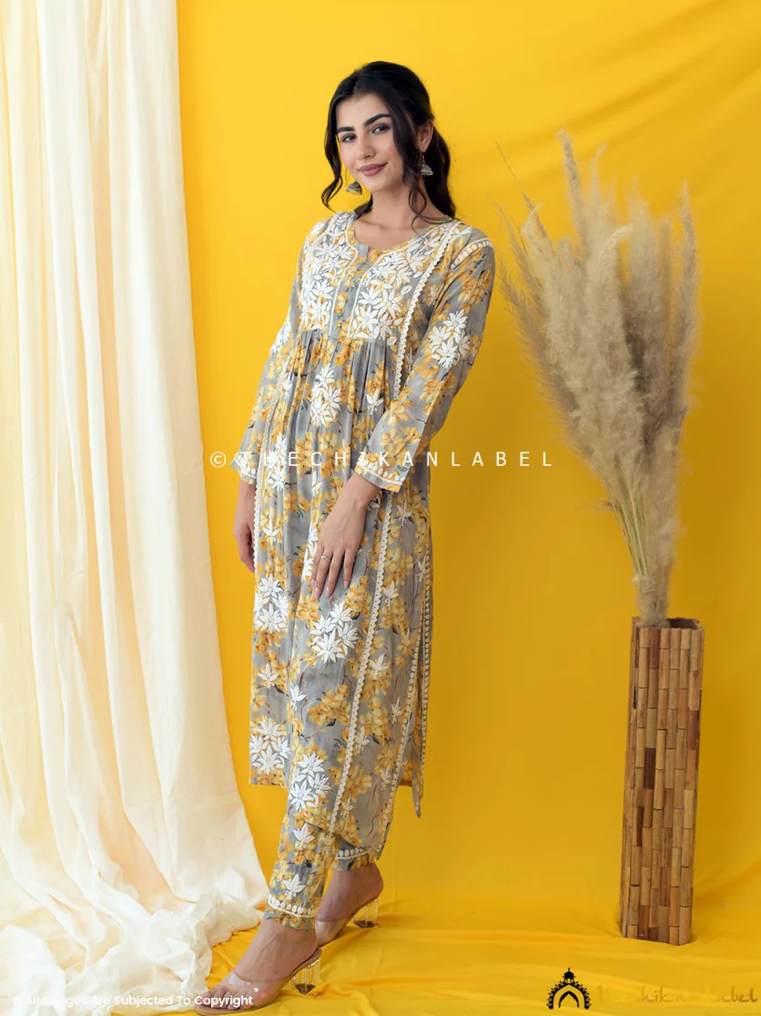 Nyra Modal Chikankari Kurta Set - Yellow - Image 4
