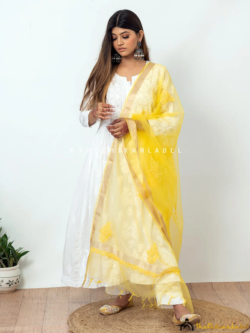 Yellow Organza Chikankari Dupatta Lucknawi Chikan Handmade Stole Scarf - Image 3