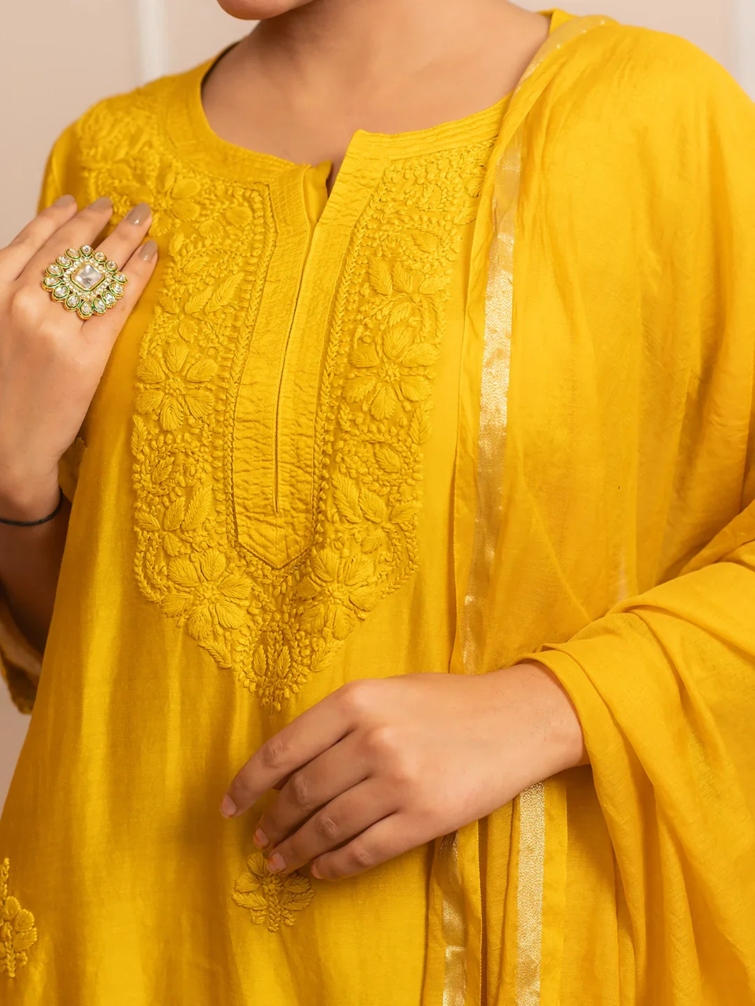 Yellow Riwaayat Chanderi Chikankari Kurta Set - Image 4