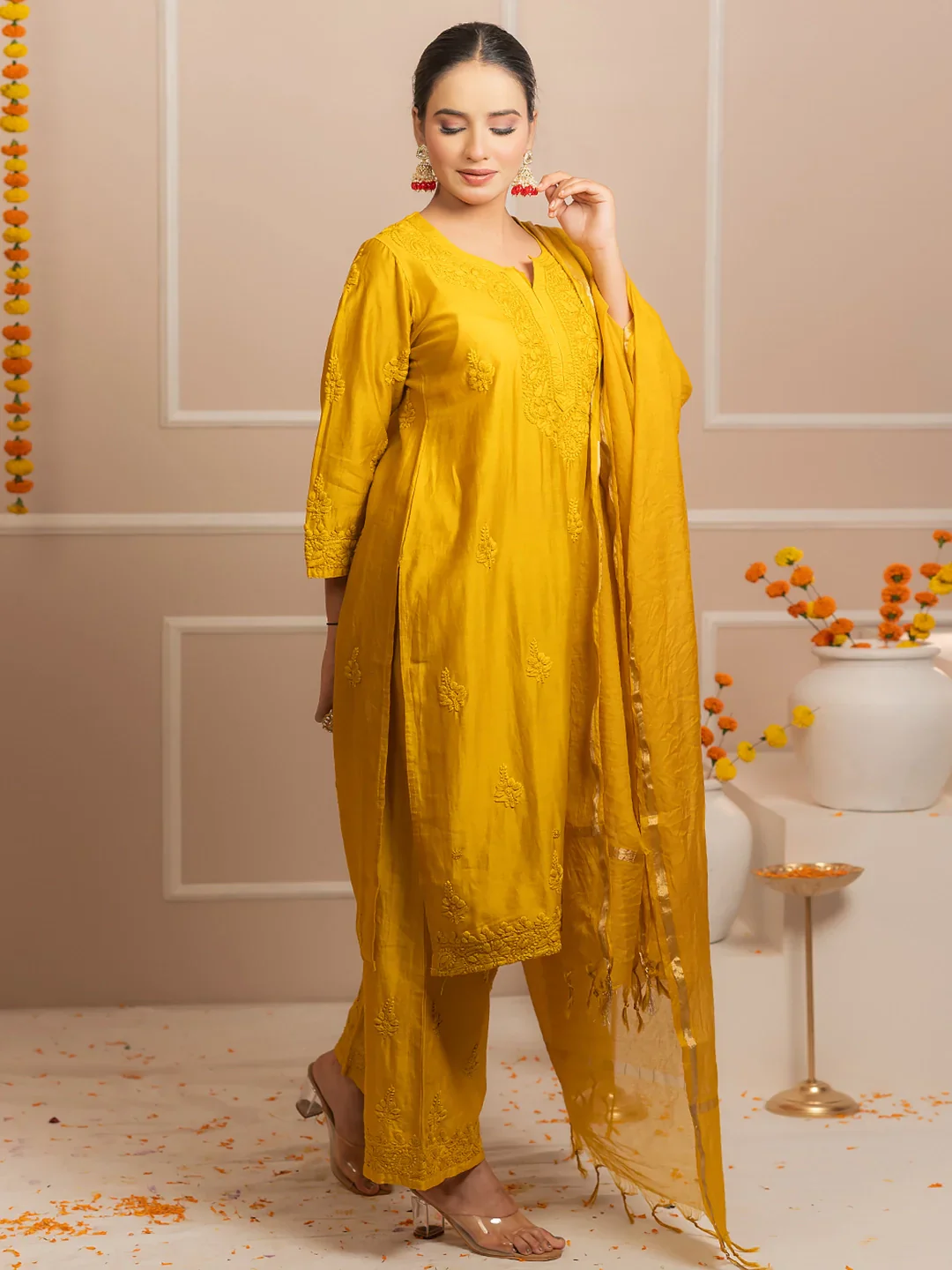 Yellow Riwaayat Chanderi Chikankari Kurta Set - Image 5