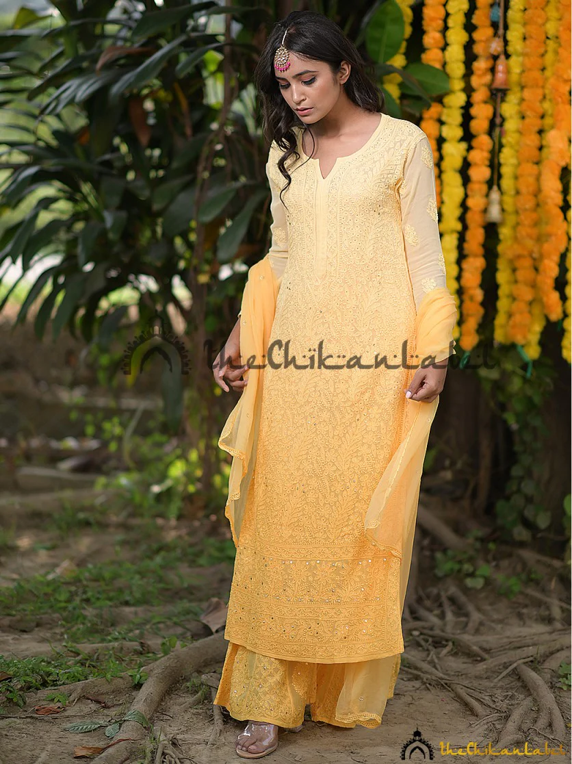 Ruhani Viscose Chikankari Straight Kurta Set with Dupatta - Yellow - Image 3