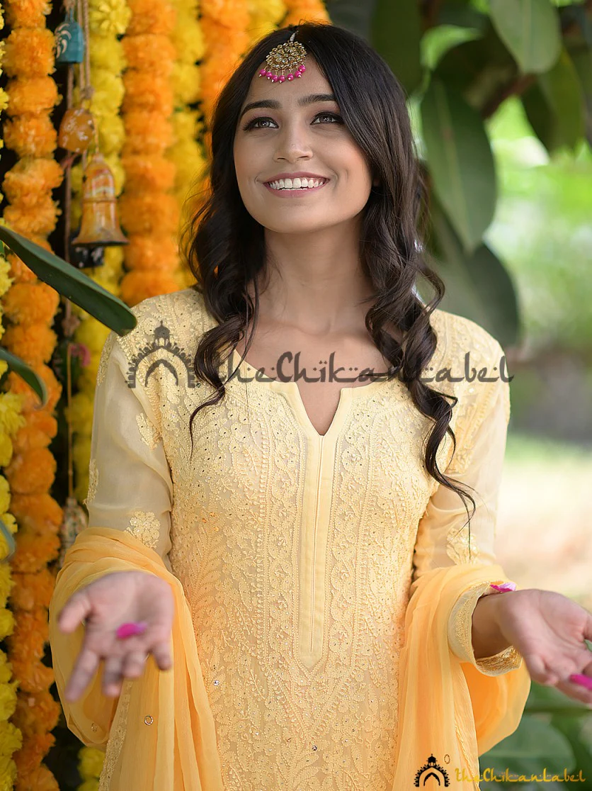 Ruhani Viscose Chikankari Straight Kurta Set with Dupatta - Yellow - Image 4