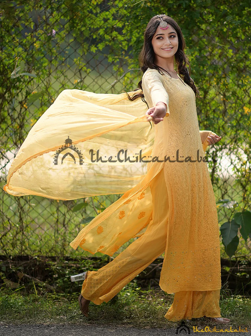 Ruhani Viscose Chikankari Straight Kurta Set with Dupatta - Yellow - Image 5