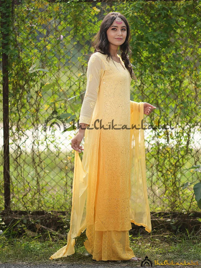 Ruhani Viscose Chikankari Straight Kurta Set with Dupatta - Yellow - Image 6