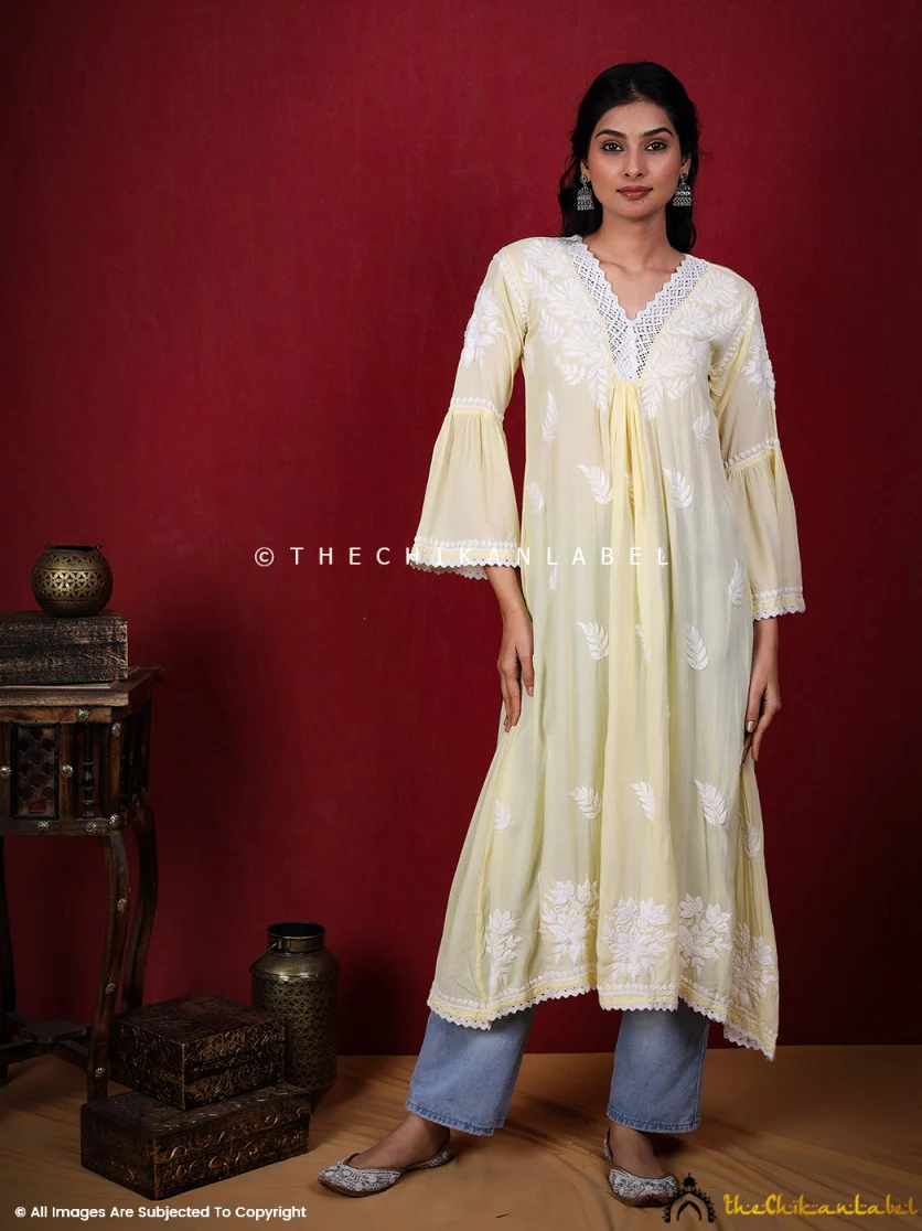 Ruhina Modal Chikankari A-Line Kurti - Yellow - Image 10