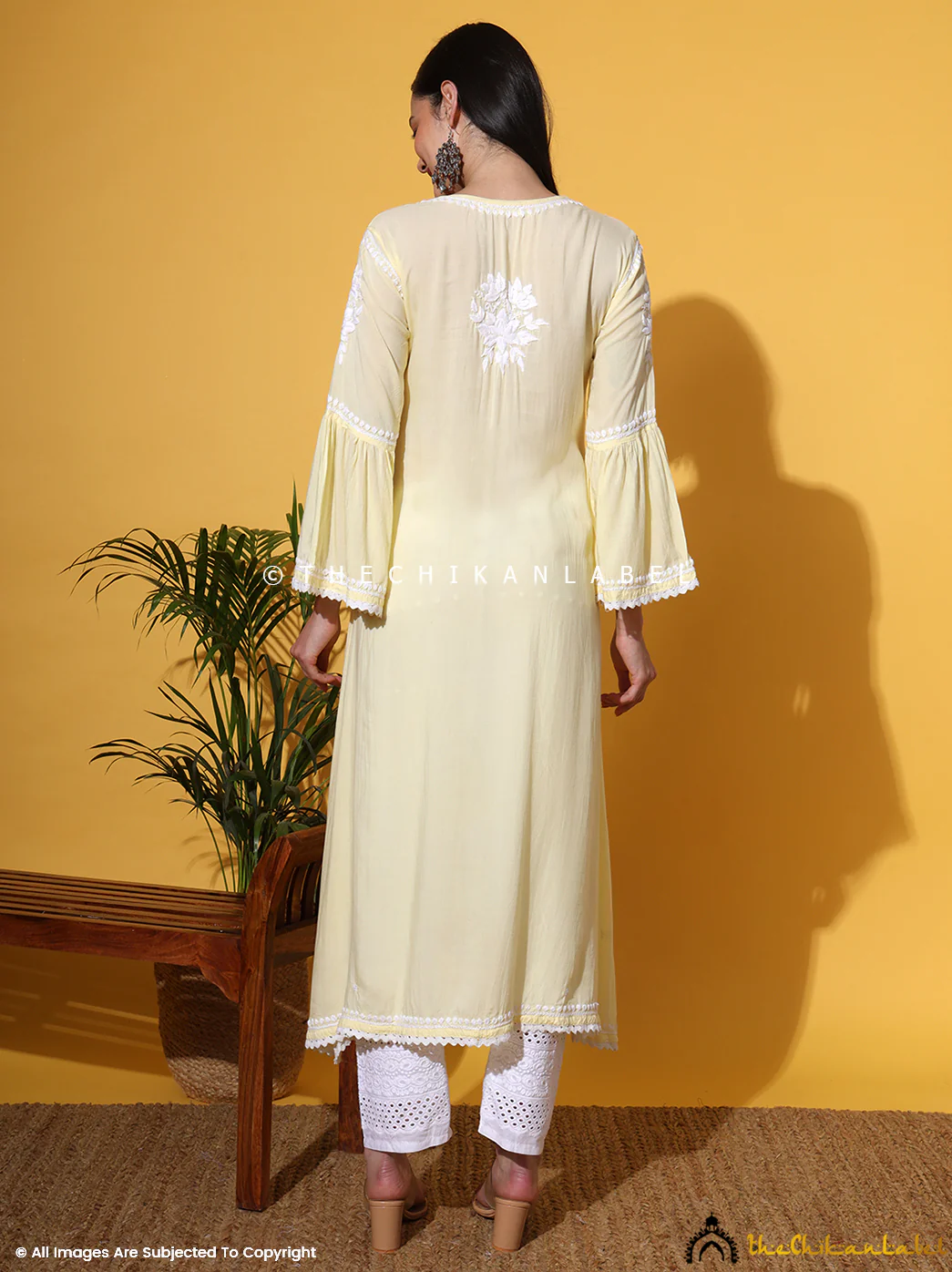 Ruhina Modal Chikankari A-Line Kurti - Yellow - Image 3