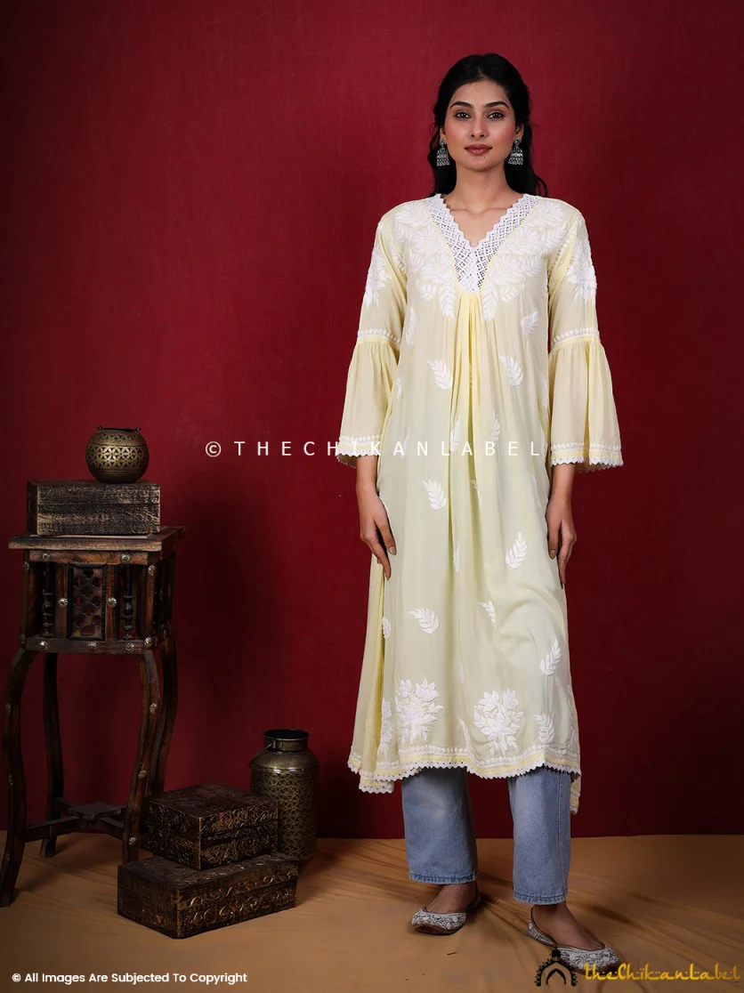 Ruhina Modal Chikankari A-Line Kurti - Yellow - Image 4