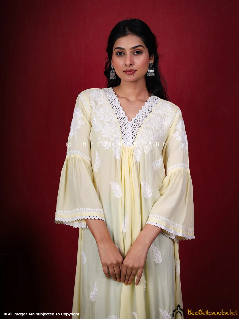 Ruhina Modal Chikankari A-Line Kurti - Yellow - Image 5