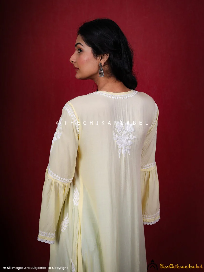 Ruhina Modal Chikankari A-Line Kurti - Yellow - Image 6