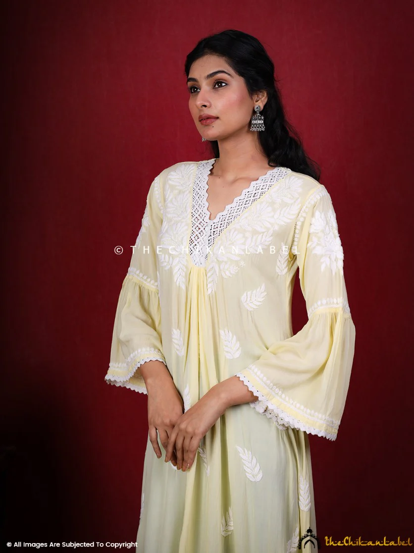 Ruhina Modal Chikankari A-Line Kurti - Yellow - Image 7