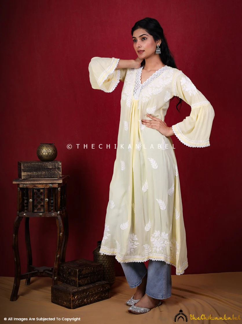 Ruhina Modal Chikankari A-Line Kurti - Yellow - Image 8