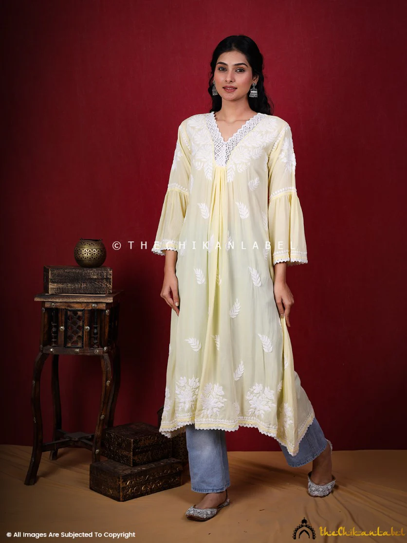 Ruhina Modal Chikankari A-Line Kurti - Yellow - Image 9