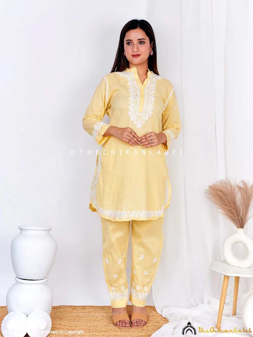 Rumi Organic Cotton Chikankari Kurta Set -Yellow - Image 4