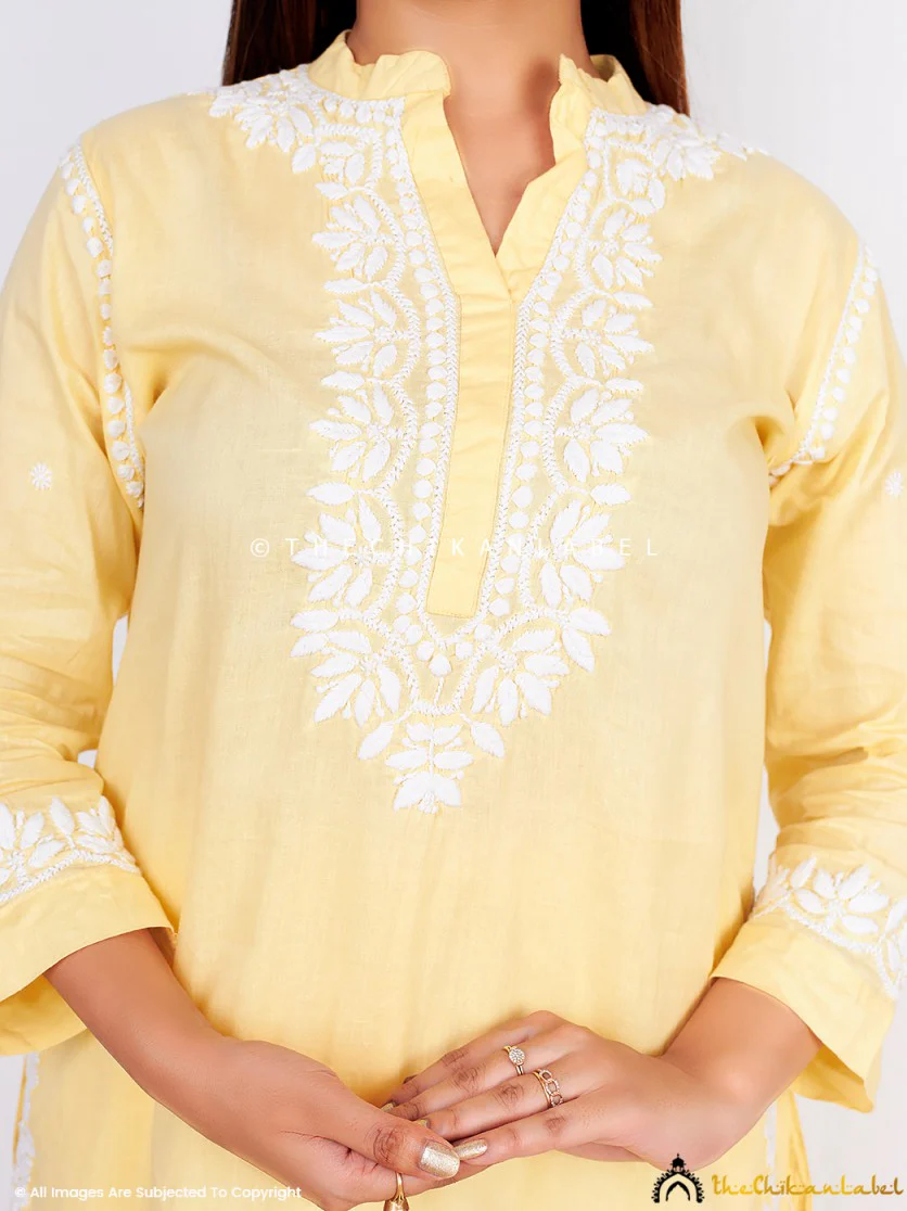 Rumi Organic Cotton Chikankari Kurta Set -Yellow - Image 5