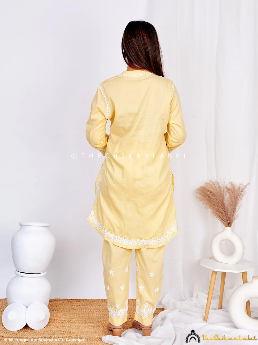 Rumi Organic Cotton Chikankari Kurta Set -Yellow - Image 6