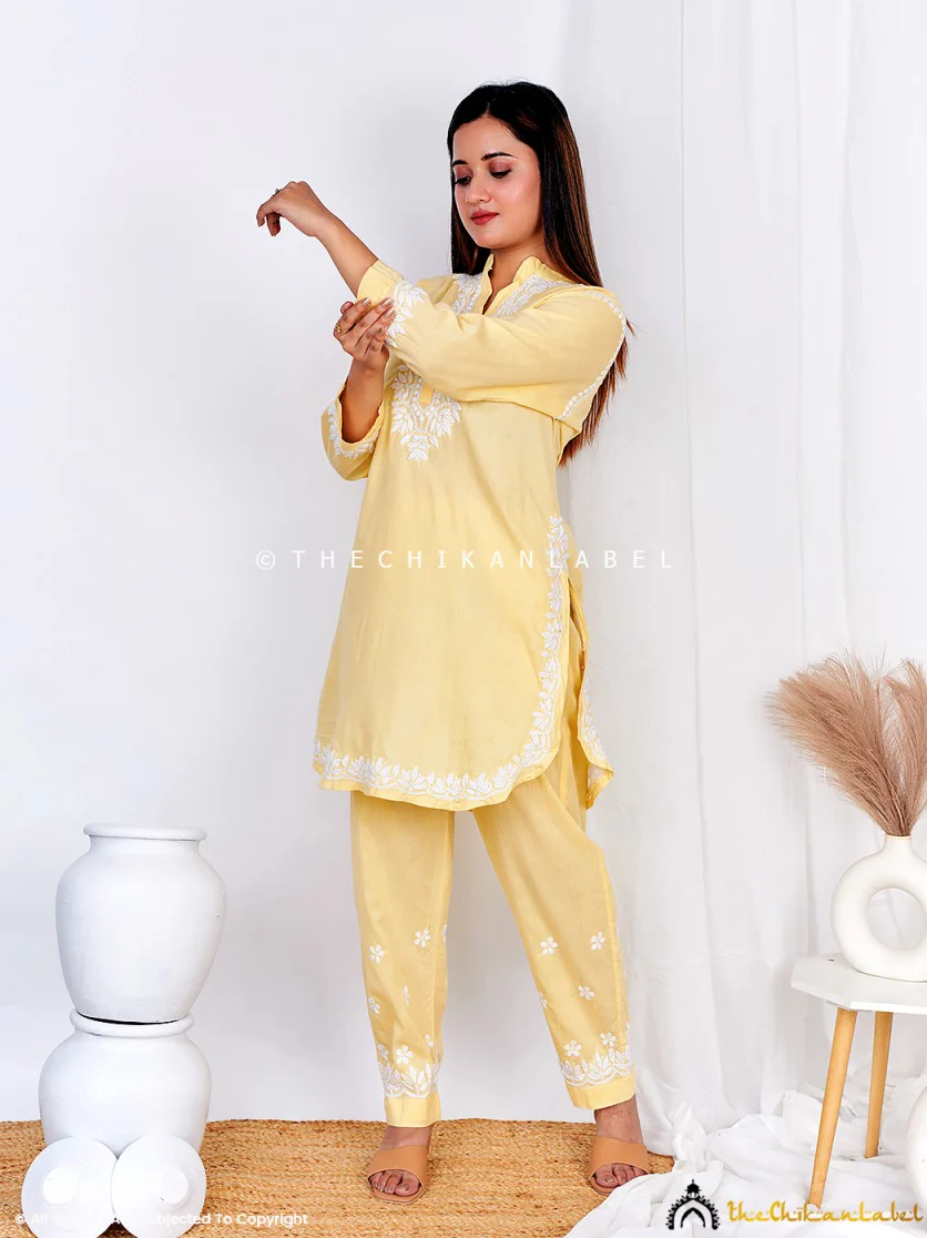 Rumi Organic Cotton Chikankari Kurta Set -Yellow - Image 7