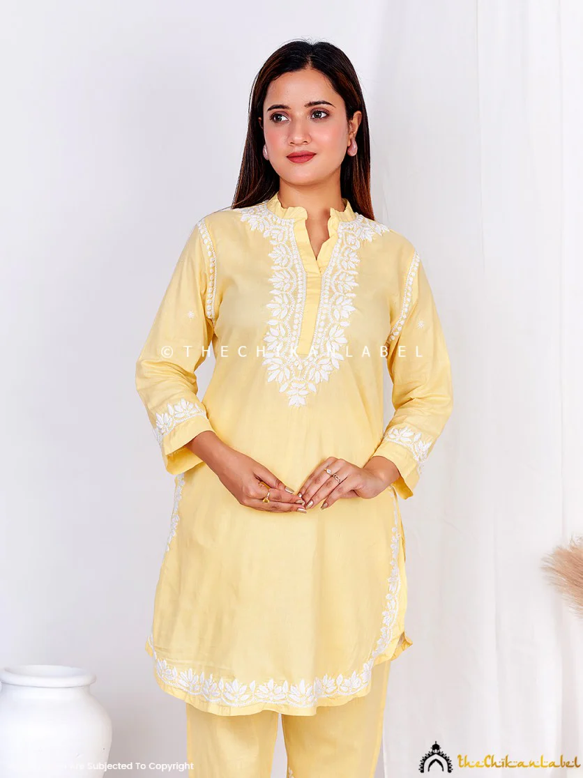 Rumi Organic Cotton Chikankari Kurta Set -Yellow - Image 8
