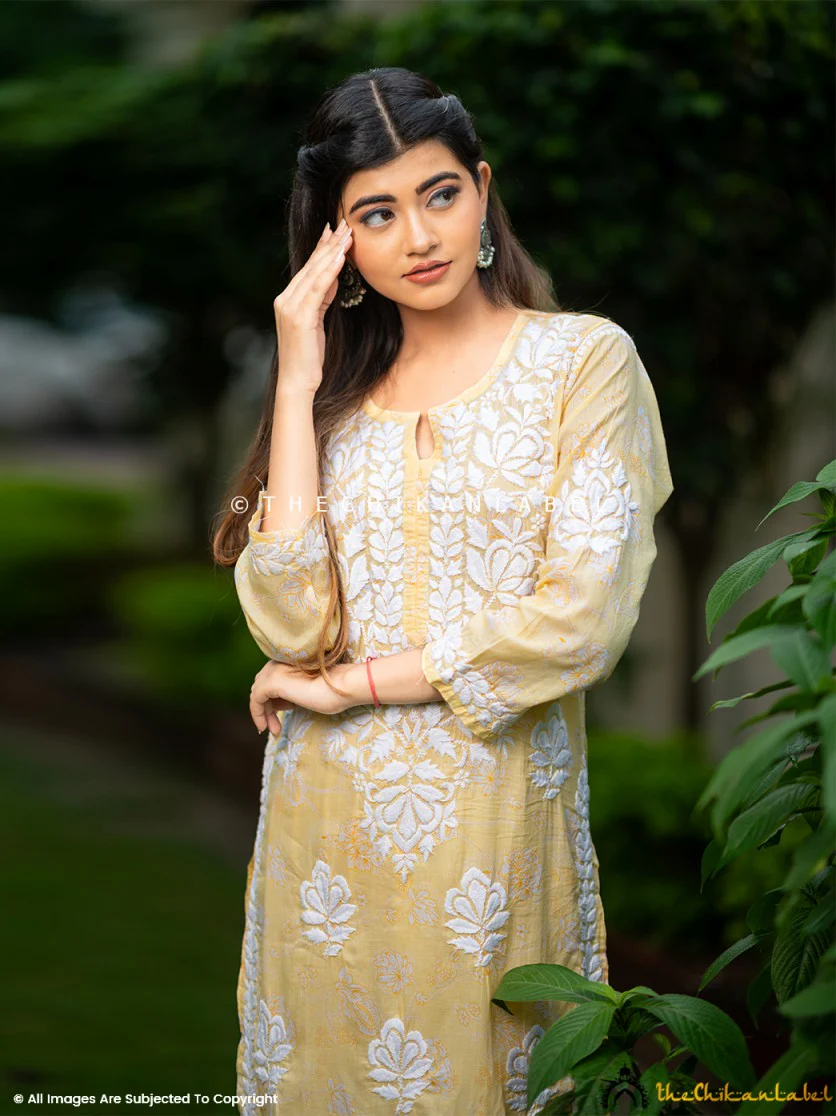 Ruwaab Mulmul Cotton Chikankari Kurta Set-Yellow - Image 2