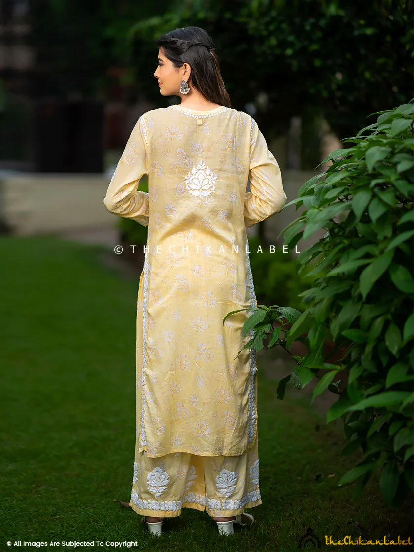 Ruwaab Mulmul Cotton Chikankari Kurta Set-Yellow - Image 3