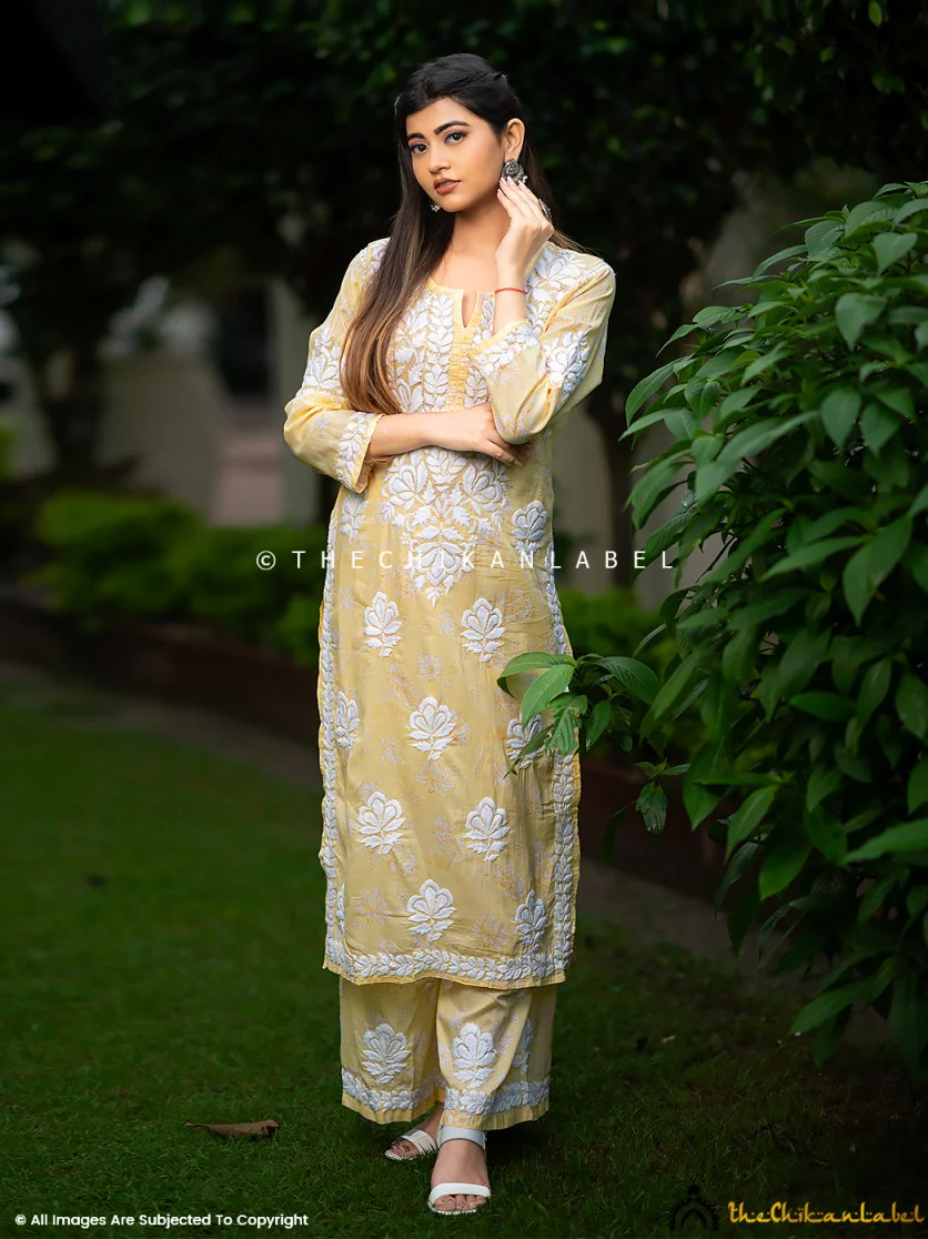 Ruwaab Mulmul Cotton Chikankari Kurta Set-Yellow - Image 4