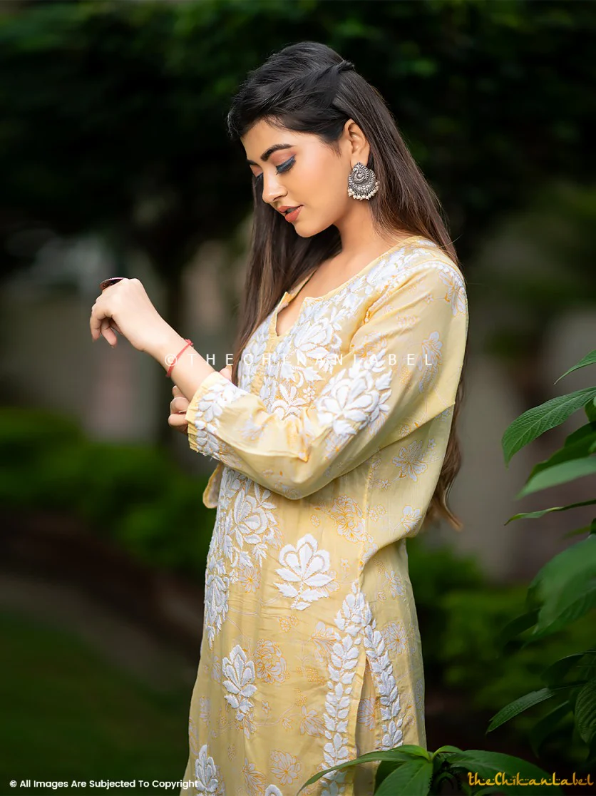 Ruwaab Mulmul Cotton Chikankari Kurta Set-Yellow - Image 5