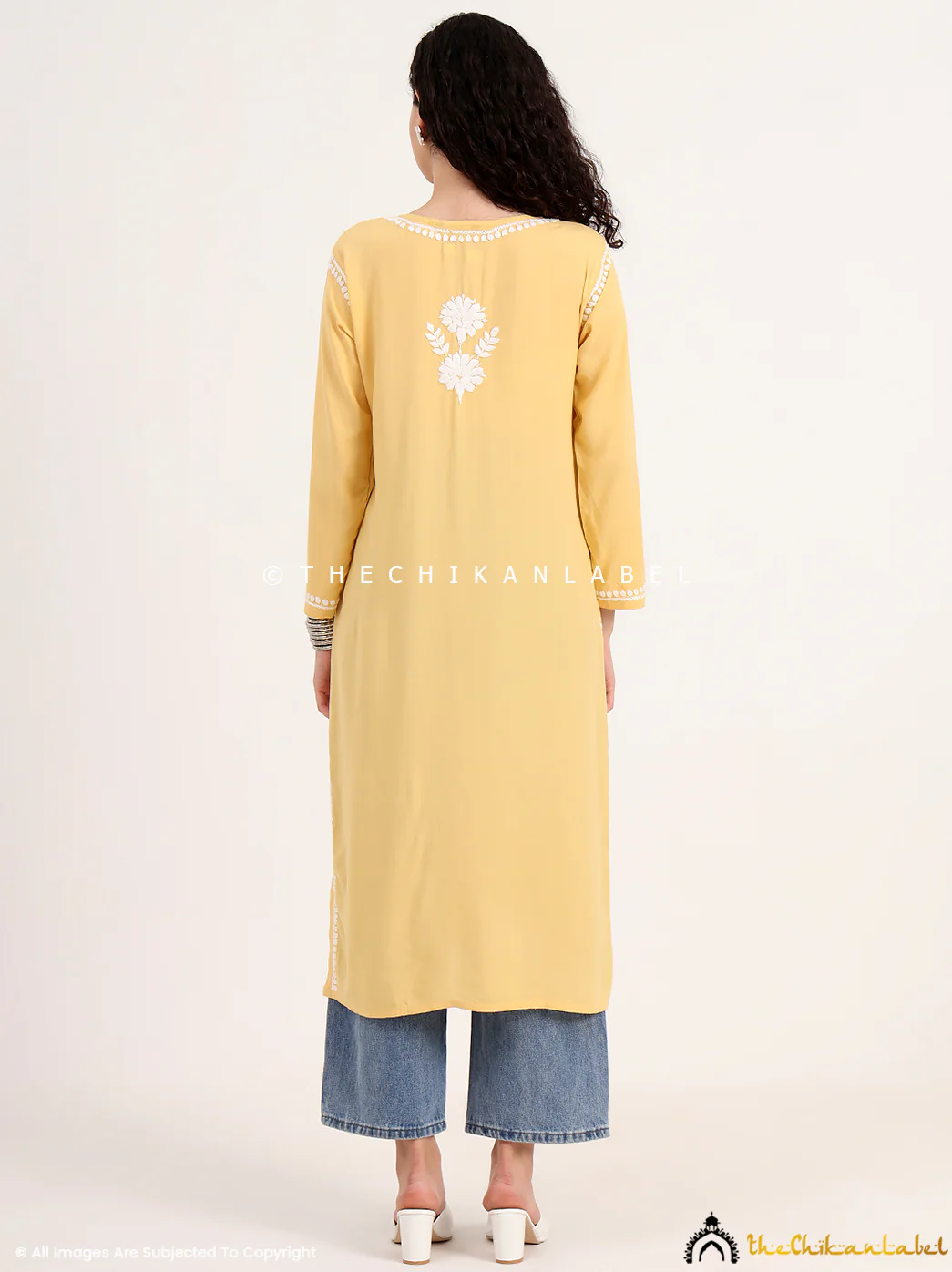 Sabreen Rayon Chikankari Straight Kurti - Yellow - Image 3