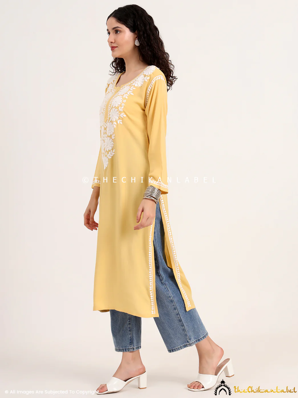 Sabreen Rayon Chikankari Straight Kurti - Yellow - Image 4