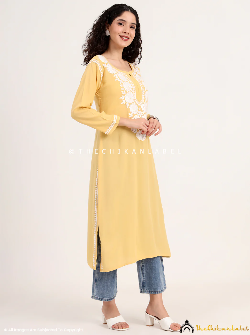 Sabreen Rayon Chikankari Straight Kurti - Yellow - Image 5