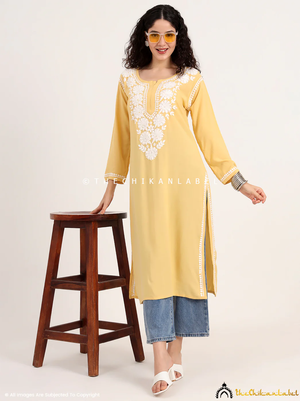 Sabreen Rayon Chikankari Straight Kurti - Yellow - Image 6
