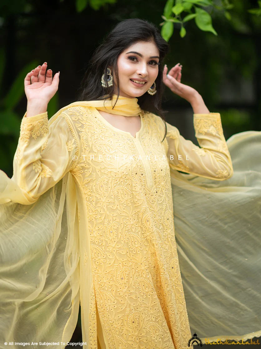 Sitara Chikankari Viscose Kurta Set with Dupatta - Yellow - Image 2