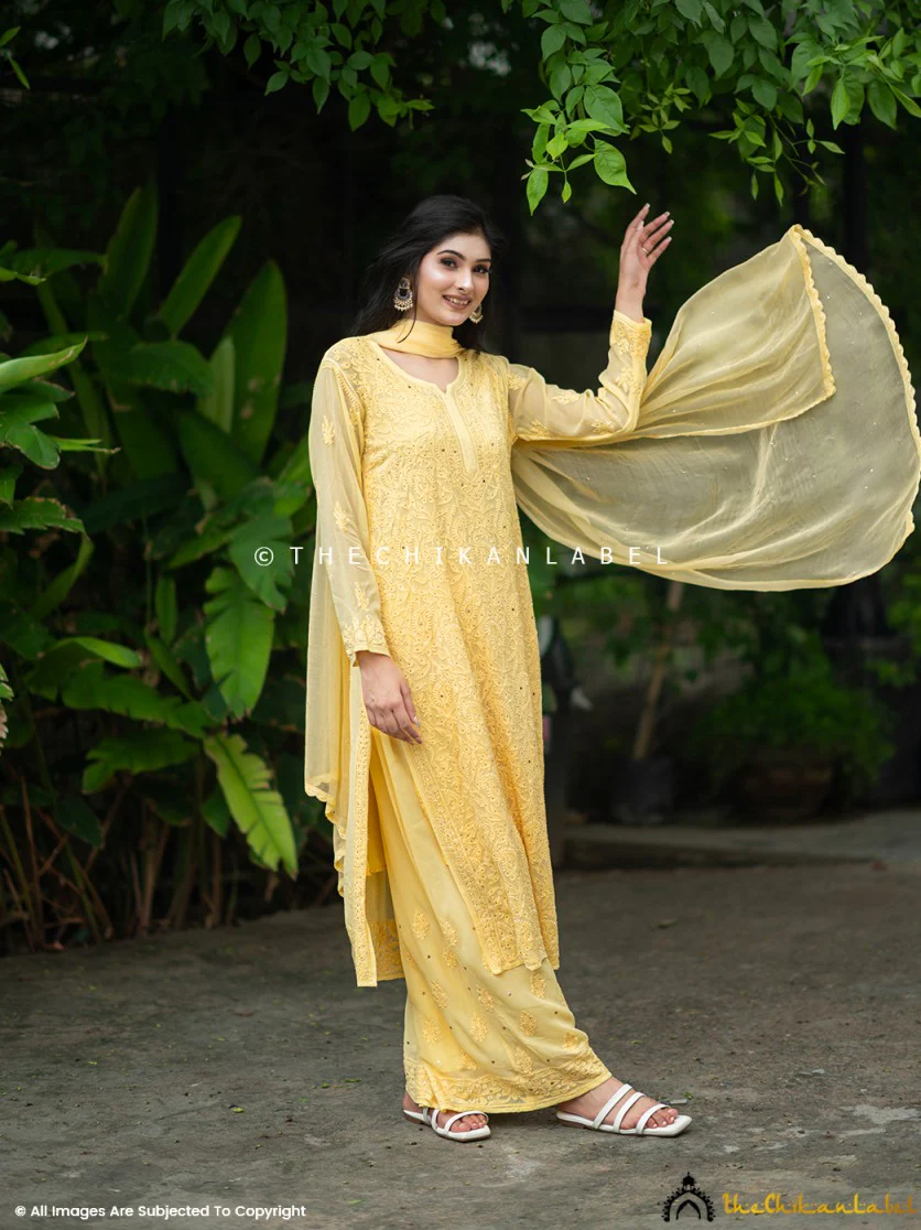 Sitara Chikankari Viscose Kurta Set with Dupatta - Yellow - Image 3