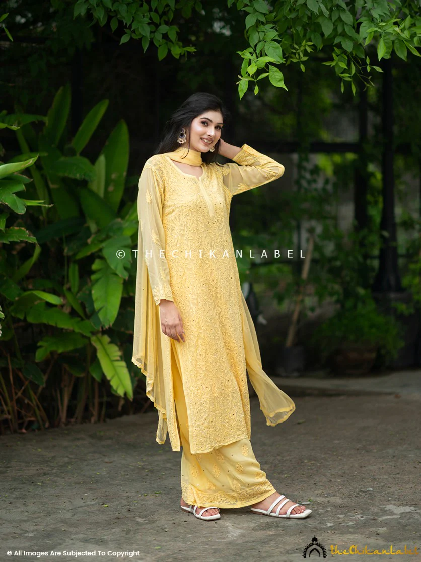 Sitara Chikankari Viscose Kurta Set with Dupatta - Yellow - Image 4