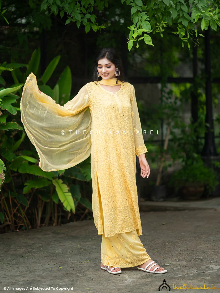 Sitara Chikankari Viscose Kurta Set with Dupatta - Yellow - Image 5