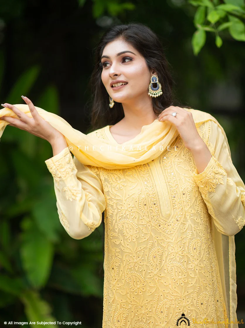 Sitara Chikankari Viscose Kurta Set with Dupatta - Yellow - Image 6
