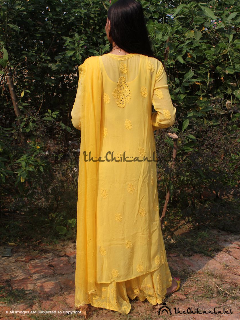 Tara Viscose Chikankari Kurta Set with Dupatta - Yellow - Image 3